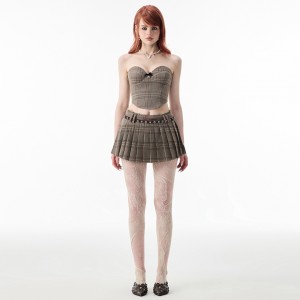Brown Plaid Mini Fur Trim Pleated Skirt Short