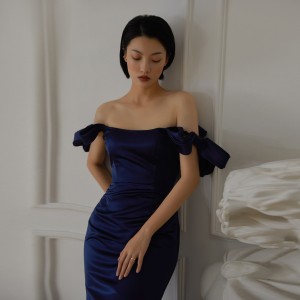 Navy Blue One Shoulder Satin Matte Elegant Long Gown