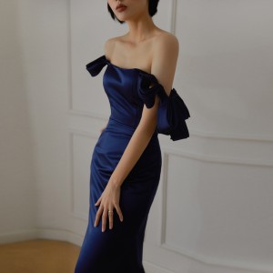 Navy Blue One Shoulder Satin Matte Elegant Long Gown