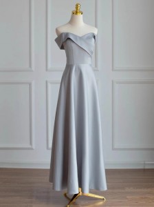 Satin Bridesmaid Grey Long Party Wear Long Dress