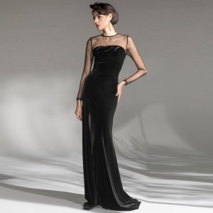 Mesh Patchwork Luxury Elegant Black Velvet Long Evening Dress
