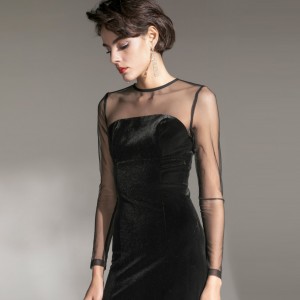 Vestido de noche largo de terciopelo negro elegante de lujo de patchwork de malla