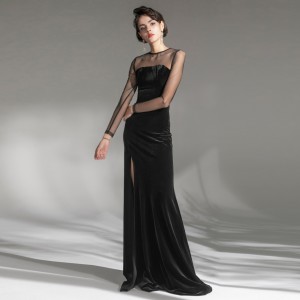 Mesh Patchwork Luxury Elegant Black Velvet Long Evening Dress