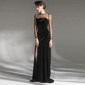 Hálós patchwork luxus elegáns fekete bársony hosszú estélyi ruha