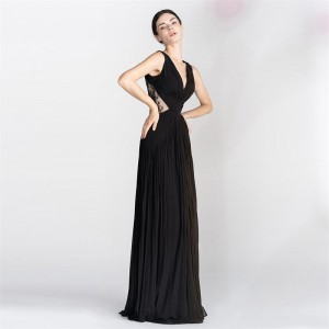 Плисиран дизајн Елегантен чипка црн секси долг фустан