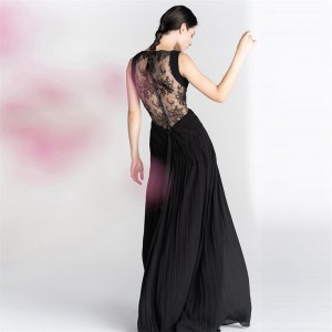 Plisseeritud disainiga elegantne pitsist must seksikas pikk kleit