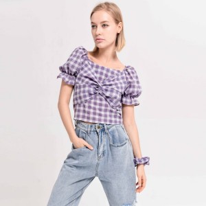 Purple Square Neck Bubble Sleeve Crop Top Plaid Shirt