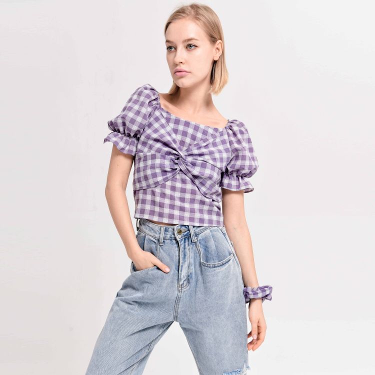 Purple Square Neck Bubble Sleeve Crop Top Plaid Shirt (6)