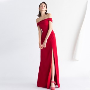 فستان أحمر بدون حمالات بسيط للعروس طويل سبليت