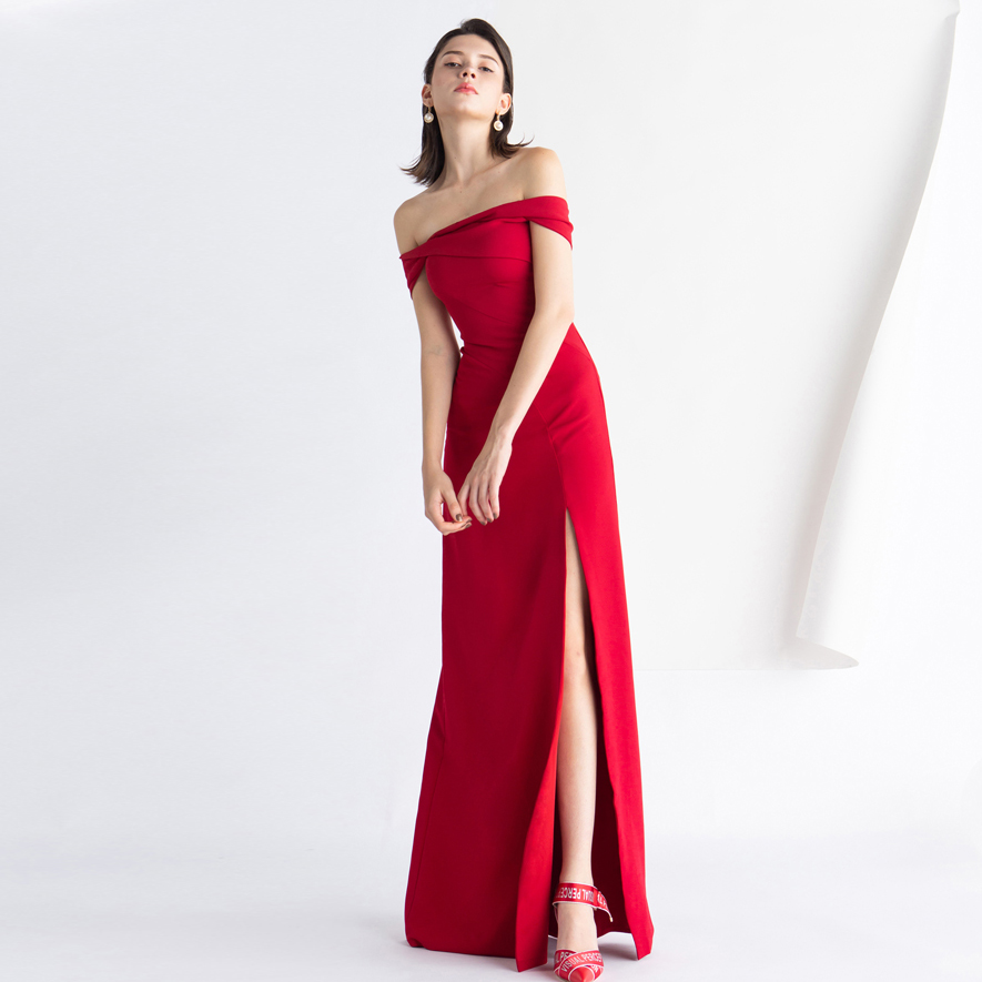 Red Strapless Simple Party Bride Long Split Dress (6)