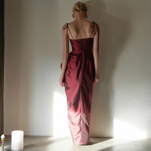Rose Silk Halter Pleated Elegant Party Evening Dress
