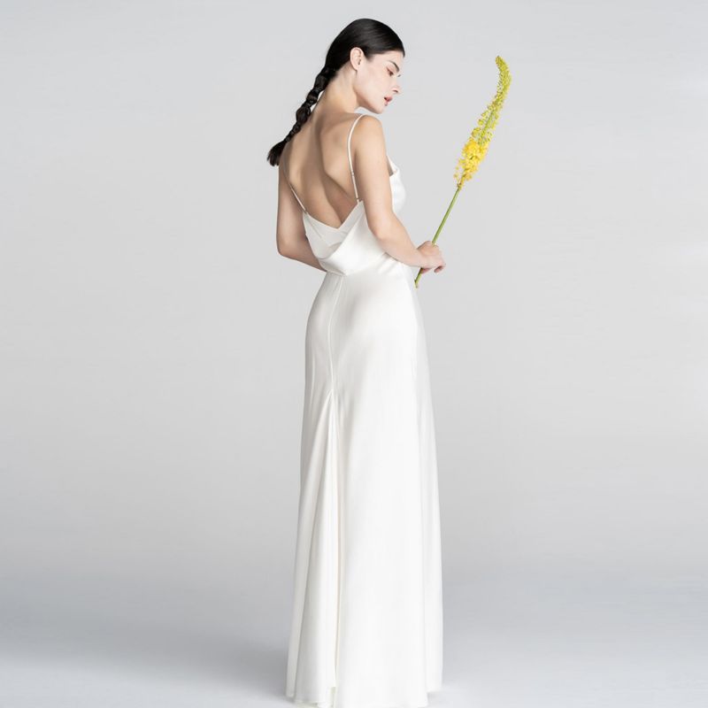 Satin Backless Elegant White Long Halter Bridal Gown (2)
