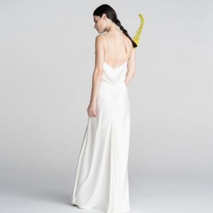 שמלת כלה ללא גב אלגנטית לבנה ארוכה מגב סאטן
