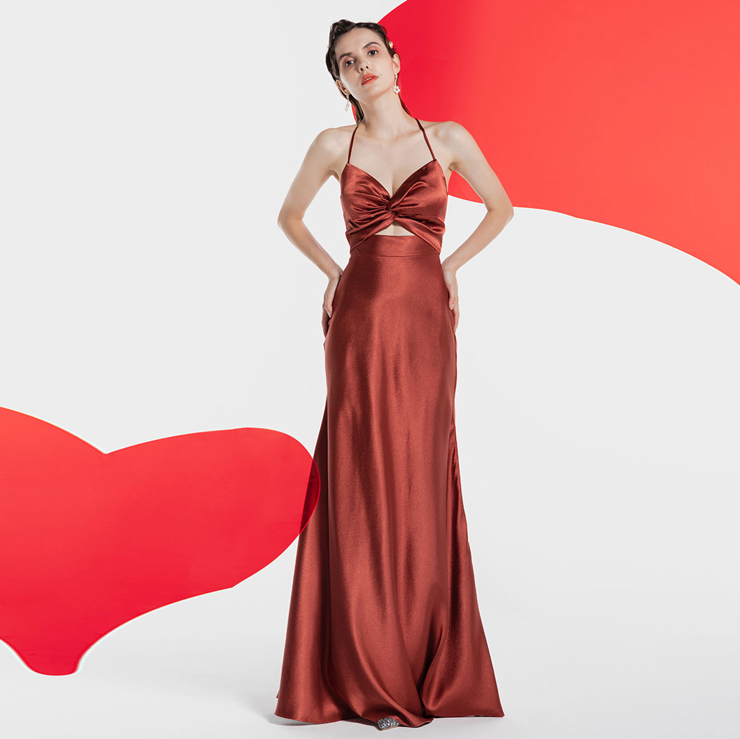 Antique Copper Light Luxury Satin Elegant Halter Slit Evening Dress