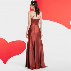 Antique Copper Light Luxury Satin Elegant Halter Slit Evening Dress
