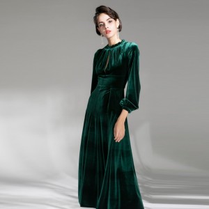Тъмнозелена ретро кадифена дамска вечерна рокля с цепки