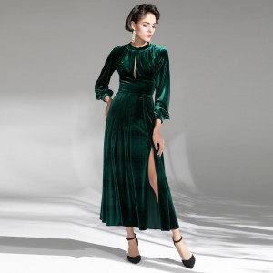 ສີຂຽວເຂັ້ມ Vintage Velvet Ladies Slit Evening Dress