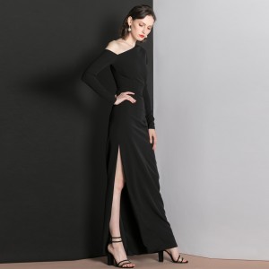 Black One Shoulder Party Stretchy Long Sleeve Evening Dress