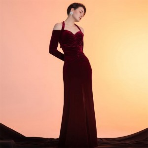 Свадебное элегантное красное бархатное вечернее платье на одно плечо