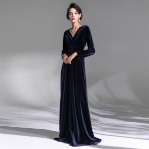 Velvet Long Sleeve Elegant Navy Blue Deep V Sexy Long Evening Dress