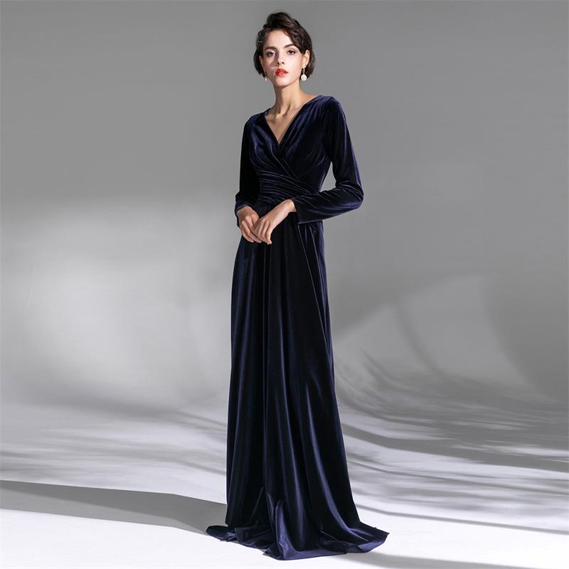 Velvet Long Sleeve Elegant Navy Blue Deep V Sexy Long Evening Dress (2)