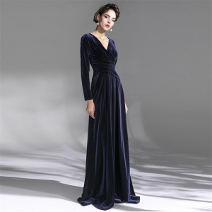 Оксамитова елегантна темно-синя темно-синя сексуальна довга вечірня сукня з довгим рукавом і глибоким V