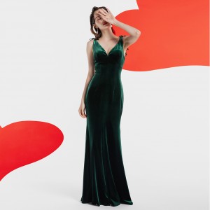 Vintage fløjlsgrøn luksus fransk elegant sløjfe lang kjole