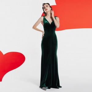 Vintage Velvet Green Luxury French Elegant Bow Long Dress