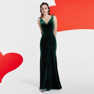 لباس بلند پاپیونی فرانسوی لوکس مخملی سبز وینتیج