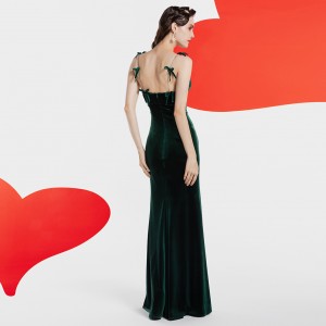 Vintage Velvet Green Luxury French Elegant Bow Long Dress