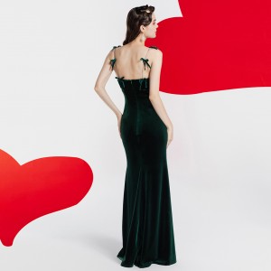 וינטג' קטיפה ירוקה יוקרה צרפתית אלגנטית שמלת קשת ארוכה