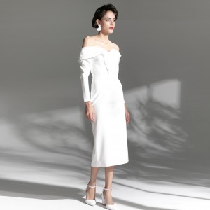 Λευκό μακρυμάνικο κομψό Midi βραδινό φόρεμα με μπουστάκι