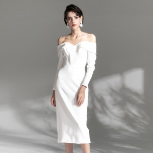 سفید لمبی بازو کا مزین Bustier Midi شام کا لباس