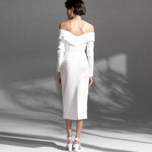 Weißes, langärmliges, elegantes Bustier-Midi-Abendkleid