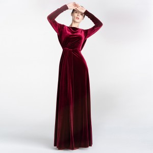 Црвен елегантен винтиџ кадифе долг вечерен фустан