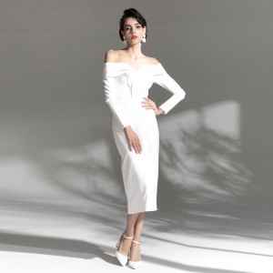 سفید لمبی بازو کا مزین Bustier Midi شام کا لباس