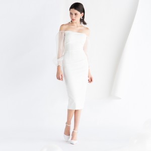 White one shoulder midi long sleeve party evening dress