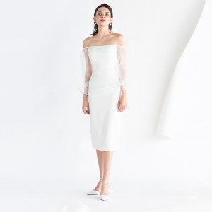 سفید ایک کندھے مڈی لمبی بازو پارٹی شام کا لباس