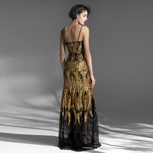Customized Long Halter Elegant Black Sequin Evening Dress