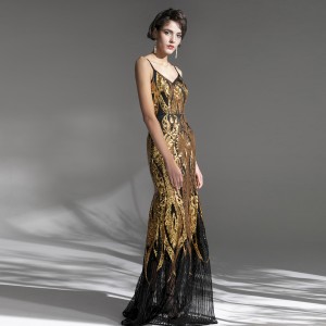 Customized Long Halter Elegant Black Sequin Evening Dress
