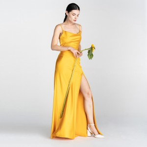 Golden Simple Slit Halter Long Backless Elegant Evening Dress