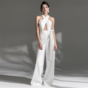 Біла вечірня вечірня комбінезонна сукня з глибоким V-подібним вирізом