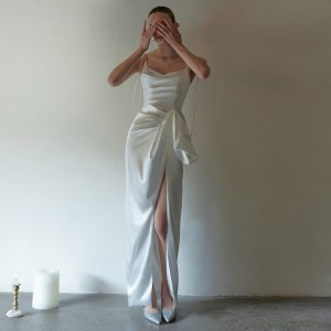White Silk Satin Halter Bow Elegant Party Evening Dress