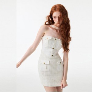 White Wool Off-The-Abbaga Sexy Pocket Mini Dress