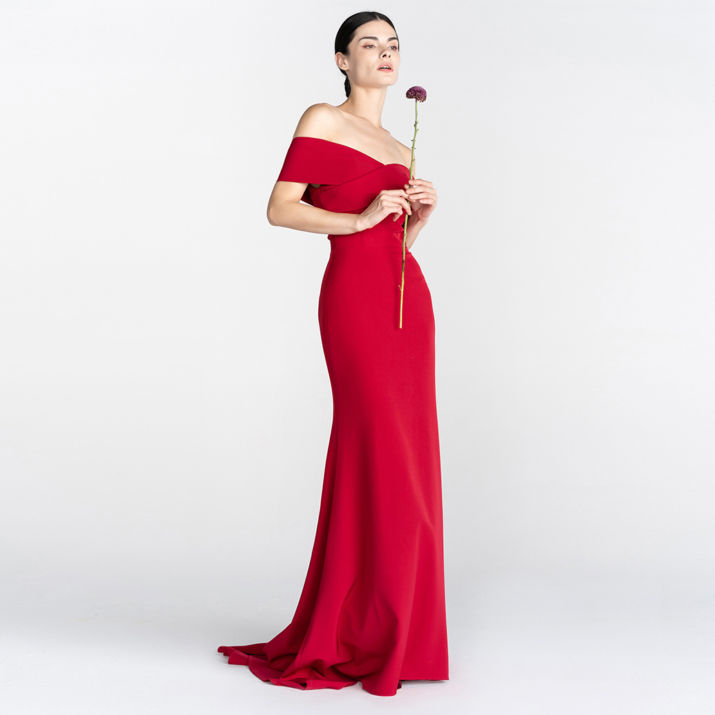 Wine Red Long One Shoulder Tensil Maxi Bridal Dress (5)