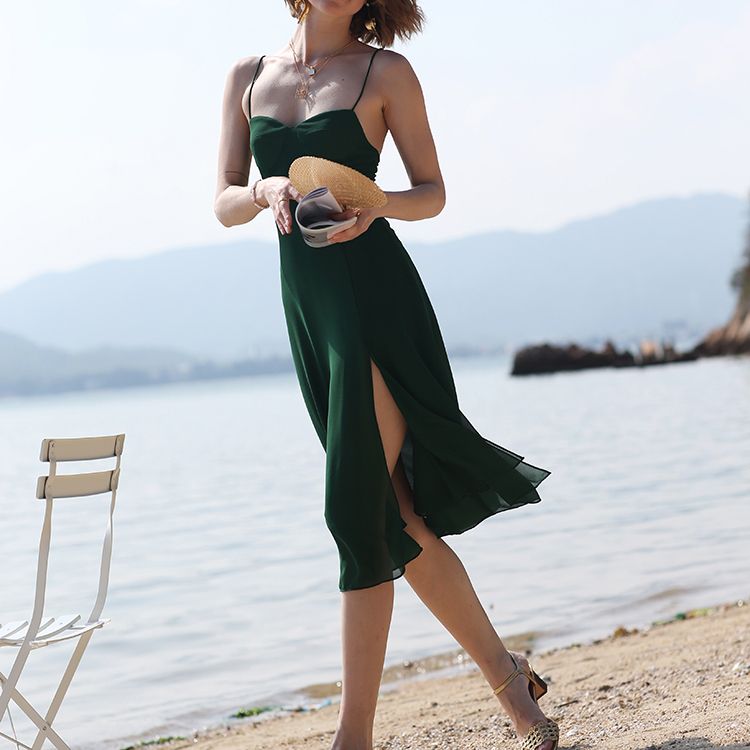 أخضر غامق مثير عارية الذراعين شاطئ الشيفون فستان كامي