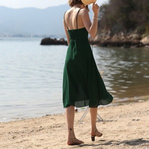 Vestido Cami de Chiffon Sexy Verde Escuro Sem Costas Praia