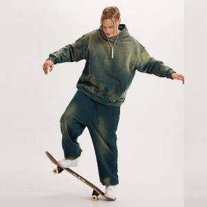 Aangepaste gradiënt groene badstof hoodie joggingbroek 2-delige set