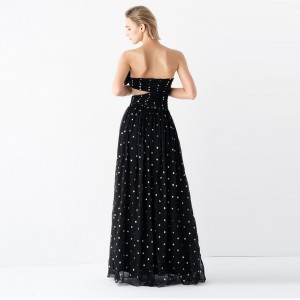 Черное элегантное длинное платье-бюстье в горошек во французском стиле