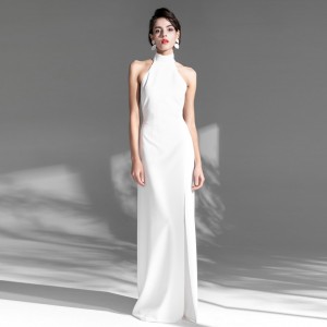 أبيض بسيط عارية الذراعين أنيقة فستان سهرة طويل